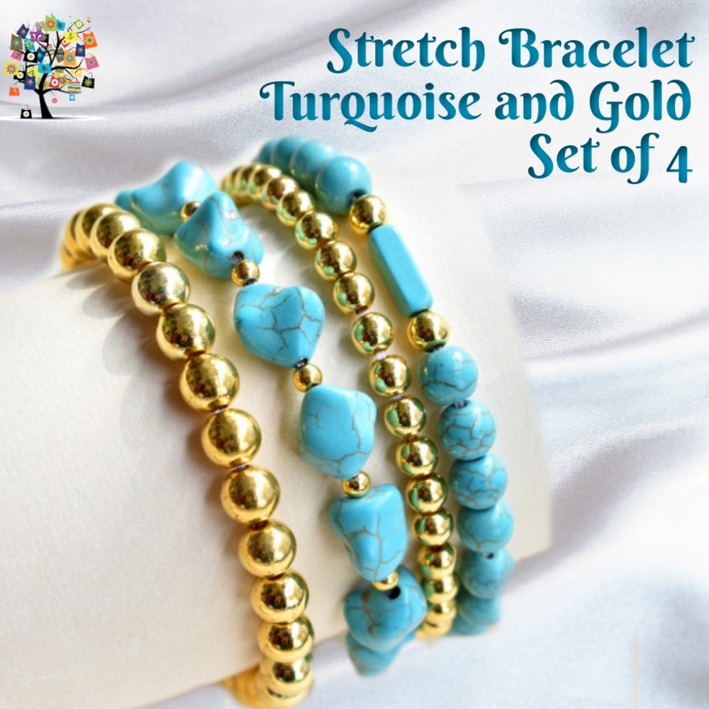 Stretch Bracelet Set of 4 Turquoise and Gold For Average Size Wrists